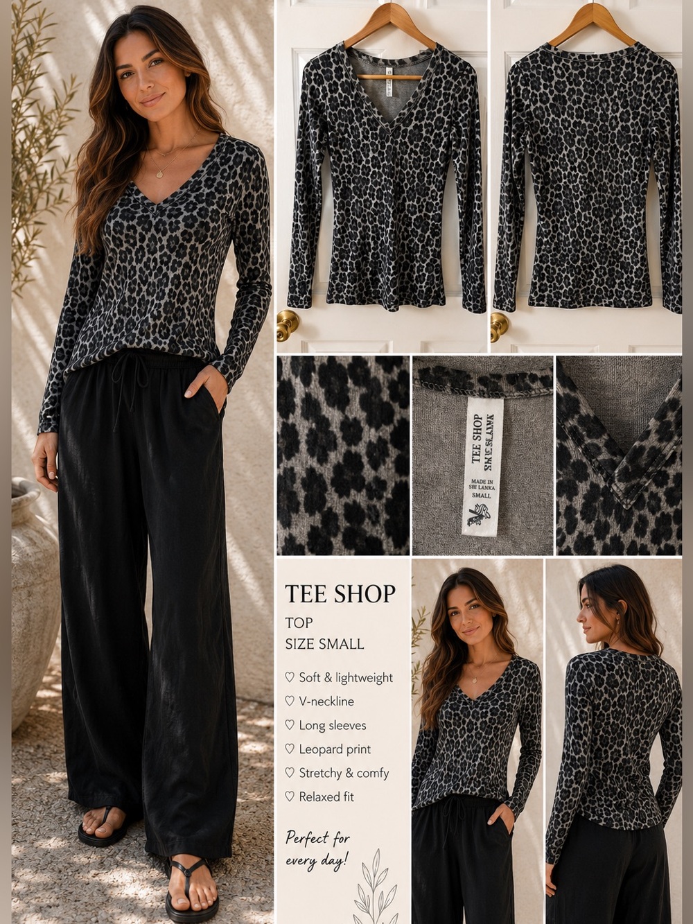 Tee Shop Leopard Print V-Neck Long Sleeve Top - Black & Gray